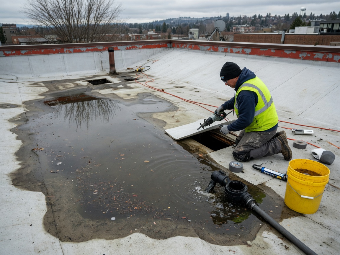 Flat Roof Ponding Water & Drainage Repair in Spokane